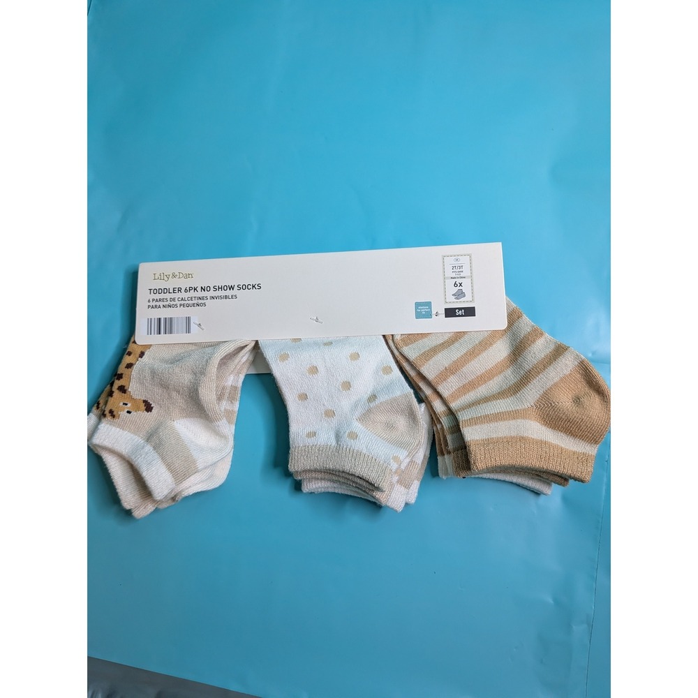 Lily & Dan Toddler 6pk No Show Socks 2T/3T Beige Tan Giraffe Polka Dot Striped